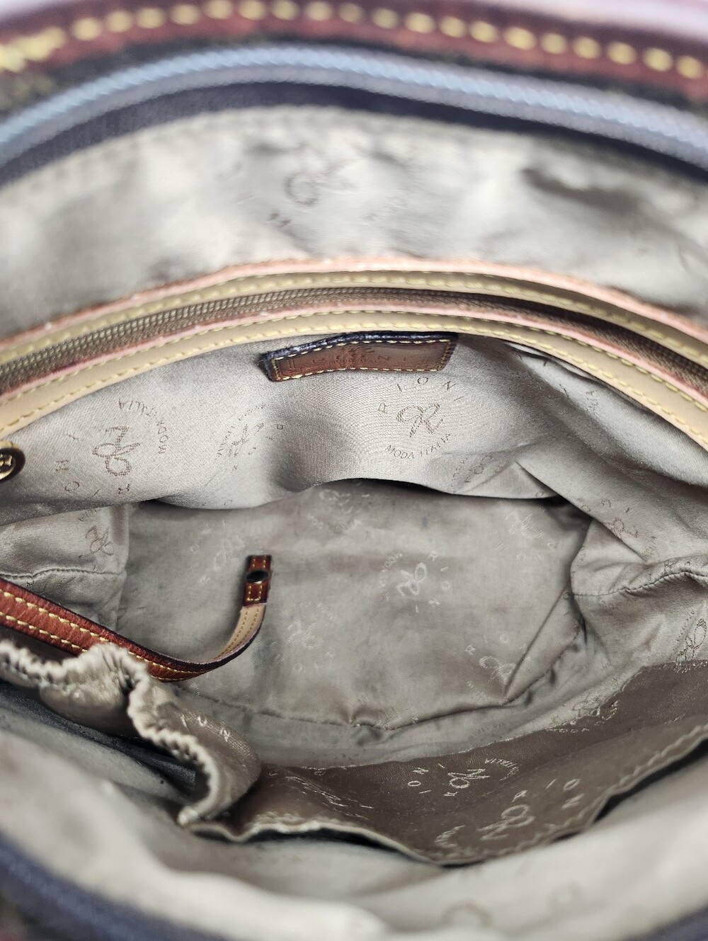 Rioni Brown Coated Canvas Gold Monogram Pattern & Leather Shoulder Bucket Bag - Picture 11 of 14